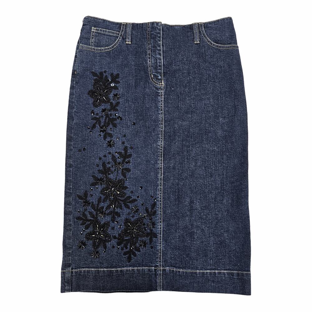 Y2k Euro Denim Skirt Knee Length Embroidered Sequin Fairycore Boho - Size 10 - Picture 1 of 6